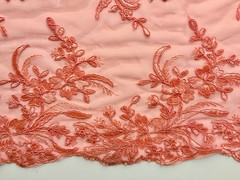 Callie CORAL Polyester Floral Corsage Embroidery on Mesh Lace Fabric by the Yar