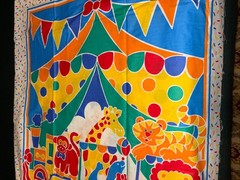 Vtg Circus Themed Fabric 3 Panels Quilt Blanket Sewing Wall Hanging Cotton Blend
