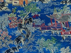 6yds Japanese Temple Courtyard Blue Silk Brocade Fabric Cherry Blossom Vtg READ!