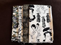 4 Japanese Cotton Fabrics cream black Geishas Chrysanthemums 2 yards Bundle