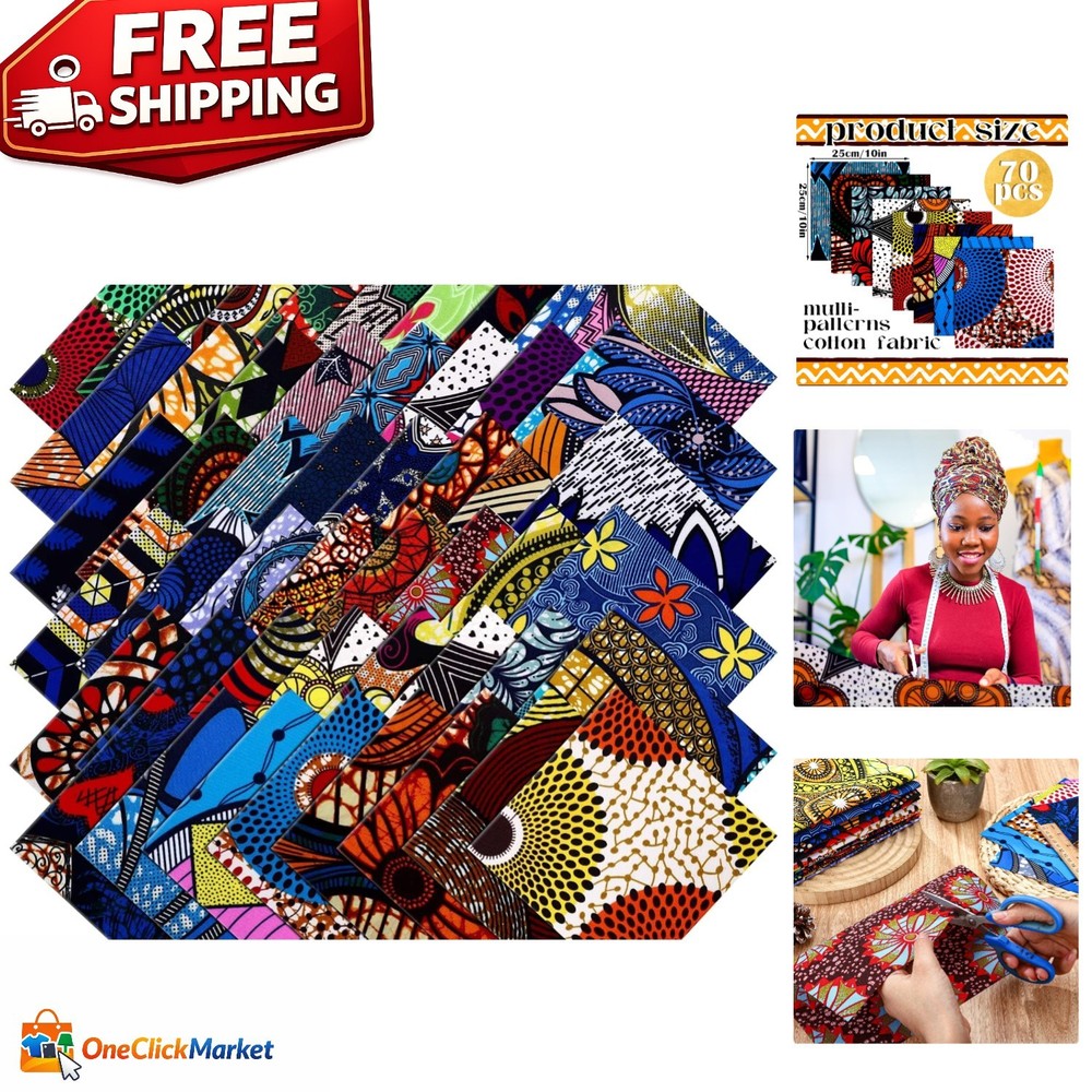 70 Pcs 10×10 Inch African Cotton Fabric Squares – Vibrant Kente & Ankara Styles