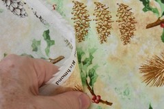By 1/2 Yd, Green Red Brown Holly & Pinecones on Tan Cotton, Diane Richmond, P822