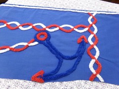Coastal Anchor Vtg Chenille Bedspread Fabric Piece 42 x 16″ Red White Blue