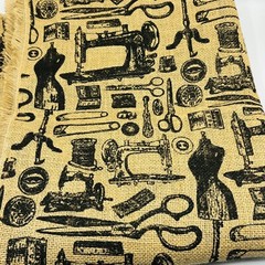 Sewing Theme Burlap Fabric Beige Black 1+ Yard x 48” Scissors Pins Mannequin