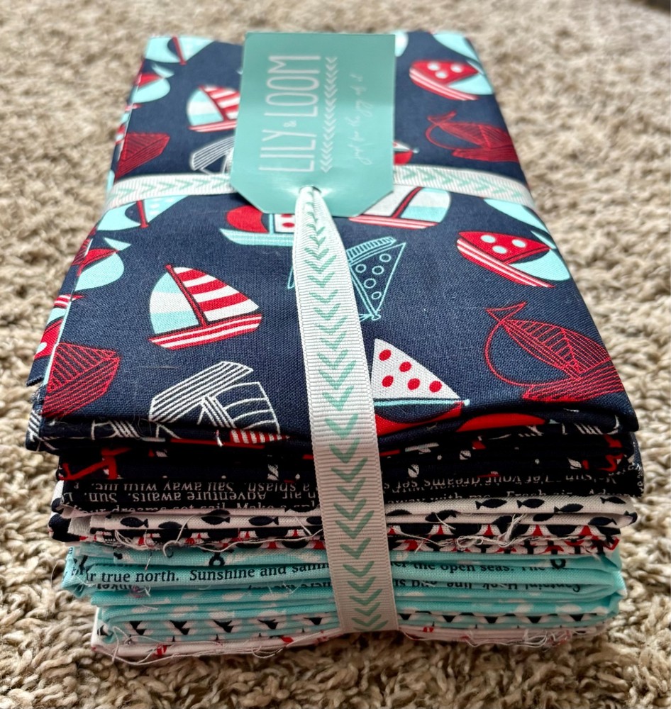 10 Yards Lily & Loom Nautical Quilt Fabric Lot Sailboats Anchors Coastal Cotton