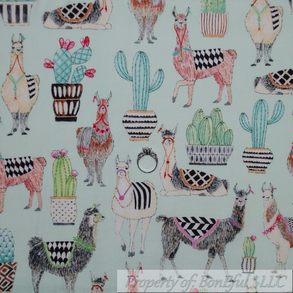BonEful Fabric FQ Cotton Quilt Mint Green Pink Gray Llama Desert Cactus Flower S