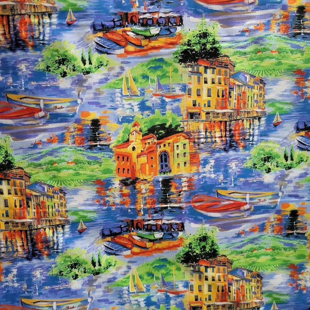 Portofino Scenic Print Cotton – Buildings, Water, Boats for Quilts, Shirts, etc