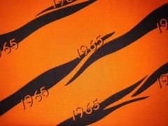 1 3/4 YARDS x 58″ Vintage Fabric TIGER STRIPES Class of 1965 – Orange/Black