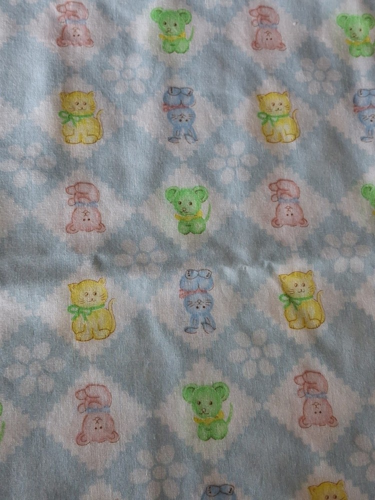 Vintage Blue Checkered Square Baby Animals, Kitschy, Cotton fabric-1.5 yd x44″