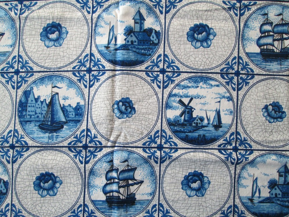 DEKOPLUS FABRIC 2.5 YDS~Blue & White Cotton~WATER SCENES FLORAL~Windmill~SHIP~