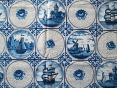 DEKOPLUS FABRIC 2.5 YDS~Blue & White Cotton~WATER SCENES FLORAL~Windmill~SHIP~