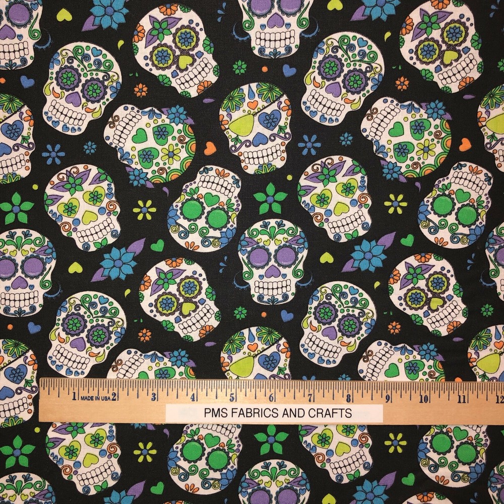 Candy Skulls 100% light weight COTTON FABRIC by yard – Purple MOO-109821
