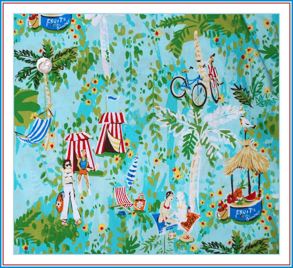 BonEful Fabric FQ Cotton Blue Red Tropical Island Palm Tree Flower Surf Bike Kid
