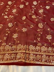 Border design chiffon sari fabric remnant wine color/silver glitter 1 yd 26″x44″