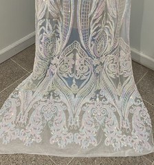 WHITE PINK BLUE Iridescent 4way stretch sequins Lace fabric 50” Width 1 Yard