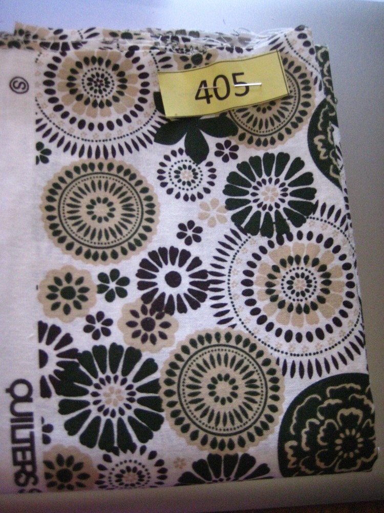 Green, Beige, black medallions on white; (#405) cotton quilt fabric 1 yard