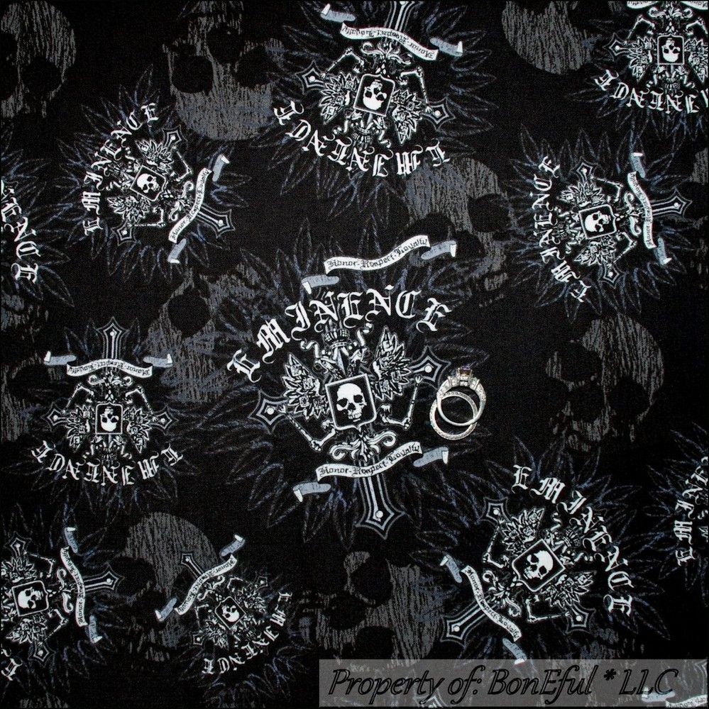 BonEful Fabric FQ Cotton Quilt Black Gray White B&W US Skull Cross Bone Skeleton