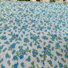 Vintage 60s Blue & White Cotton 5 yds Floral Grid Pattern 37W x 182L Lightweight