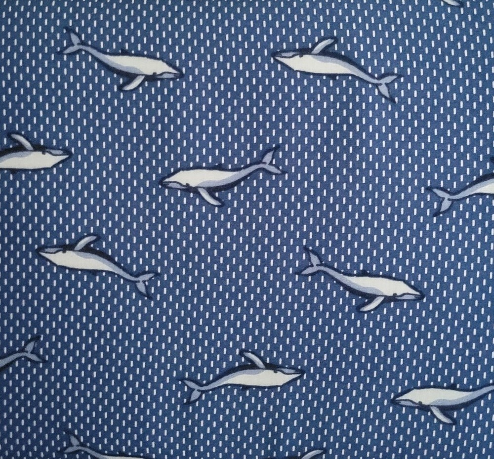 Whales on Blue w/ White Oblong Dots Viscose Shirting from Telio! OEKO-TEX
