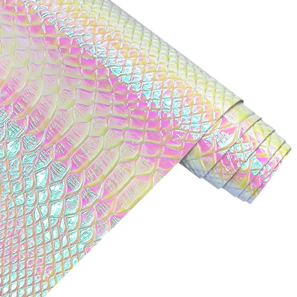 30X135Cm Holographic Crocodile Skin Vinyl, Iridescent White Alligator Faux Leath