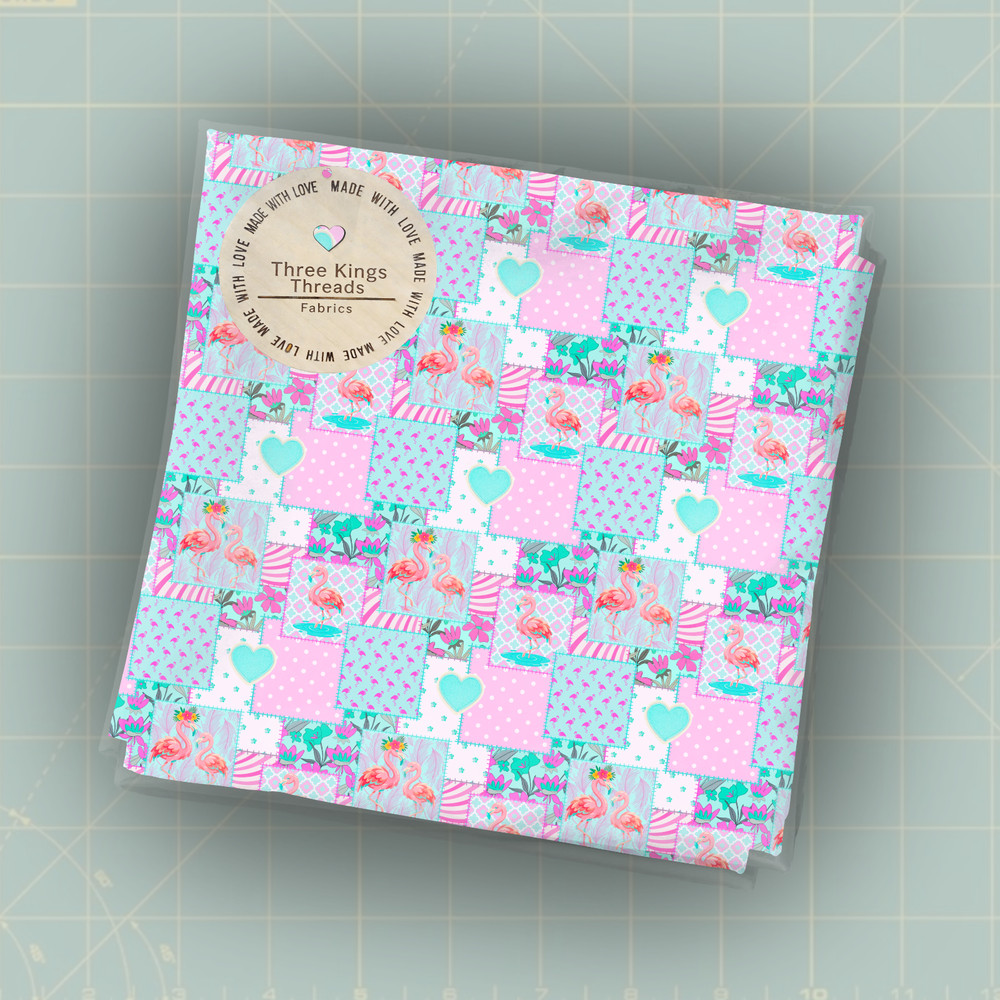Flamingo Patchwork Pink Flowers Heart DBP 1 Yard Fabric Seamless Design 59×36