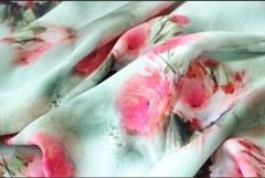 5 yrds Pistachio green satin charmeuse fabric -red and pink watercolor look