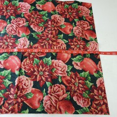 Christmas Floral Fruit Fabric Remnant 18×22 Poinsettia Rose Apple Green