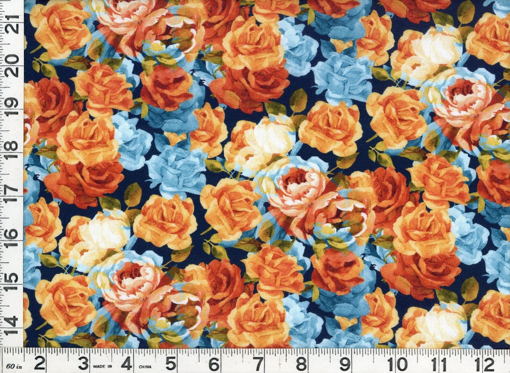 Blue Red Orange White Roses Flowers Black Quilting Sewing Fabric by Yard #518 DP