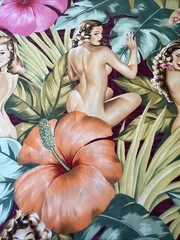 Alexander Henry Fabric Yd Mirage Sexy Pinup Island Girls Hibiscus Palm Leaves P