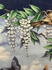Vtg Blue Cat Fabric Panel Butterfly Bird Lilac Flowers PREWASHED Cotton Quilt