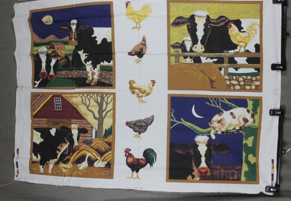Farm Animal Barnyard Cow Chicken Cat Fabric Panel Quilting Crafts 47″ x 34″