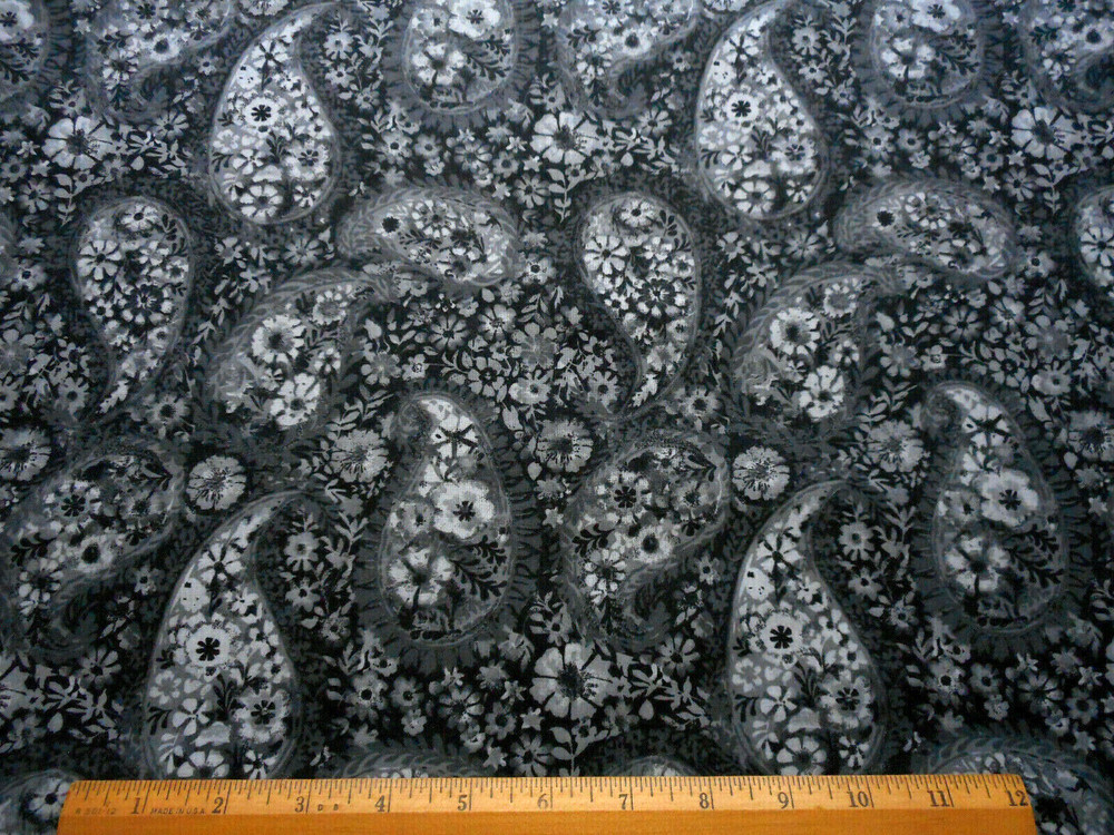 Cotton Fabric 1 7/8 Yard Light & Dark Gray Paisley Floral on Black Quilting #C