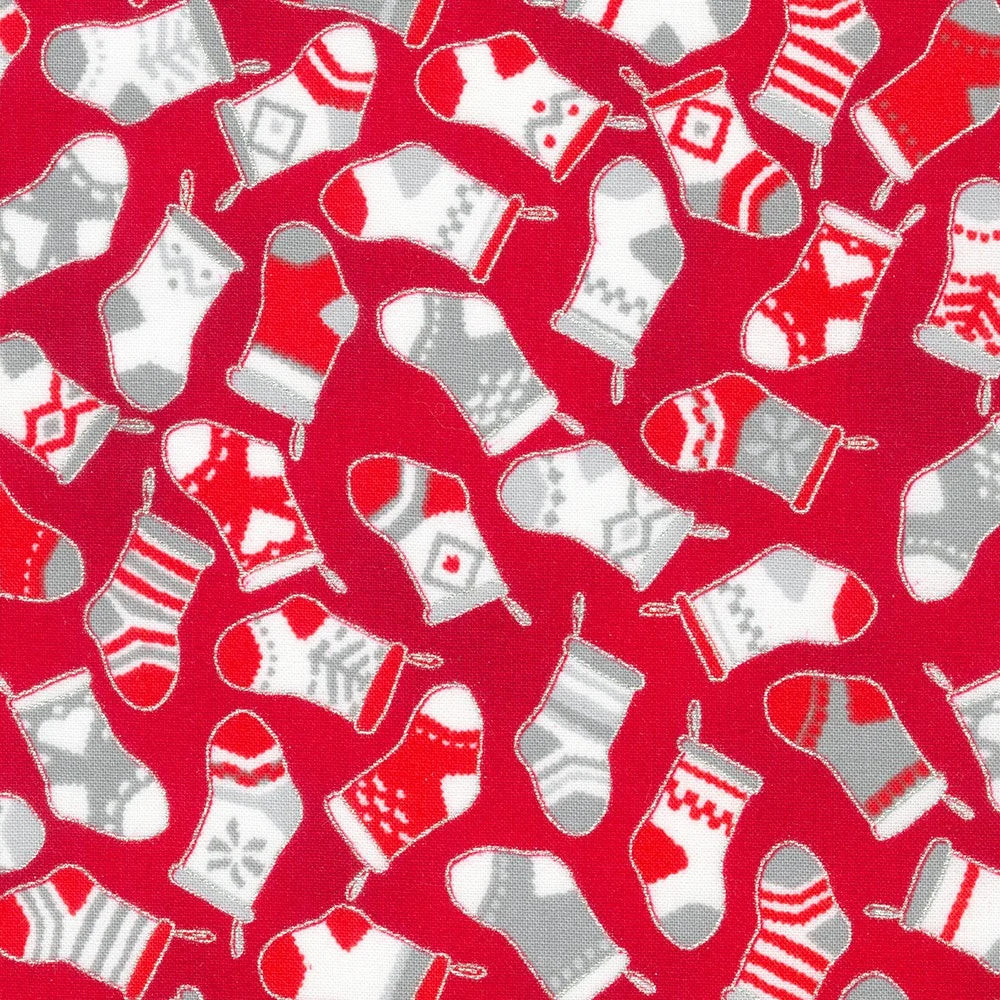 KAUFMAN – Holiday Charms – Metallic – Stocking – Scarlet 1/4yd