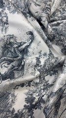Luxury Designer Silk Fabric Toile de Jouy Print High-End Brand Deadstock 0,5 ya