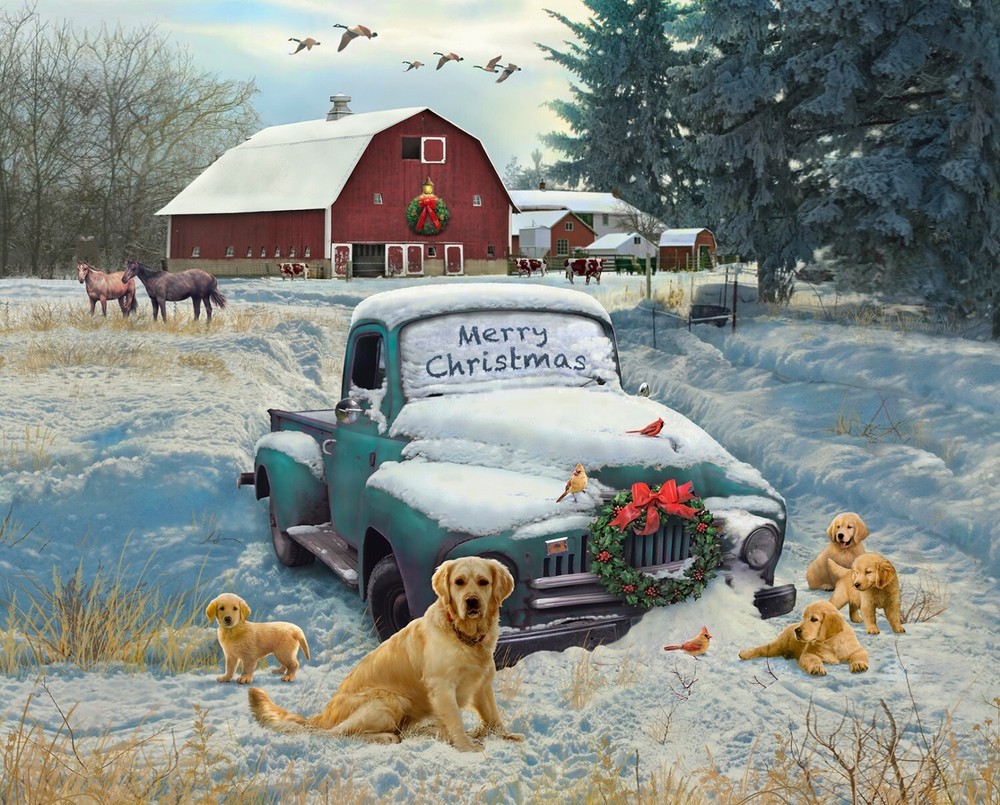 Golden Retriever Christmas At The Barn Digitally Printed Panel 36in x 44 inches