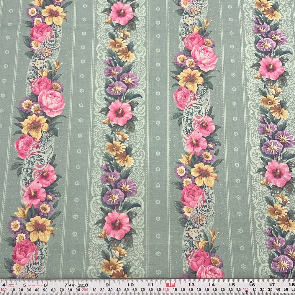 Vintage Cranston Striped Florals Muted Light Teal Cotton Fabric by the HALF YARD