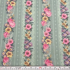 Vintage Cranston Striped Florals Muted Light Teal Cotton Fabric by the HALF YARD