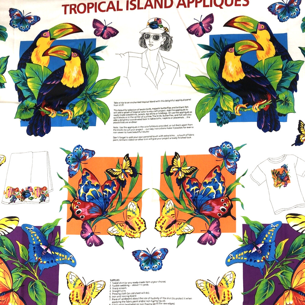 Fabric panel Tropical Island Appliques Cut Sew Birds Fish Butterflies Parrothead
