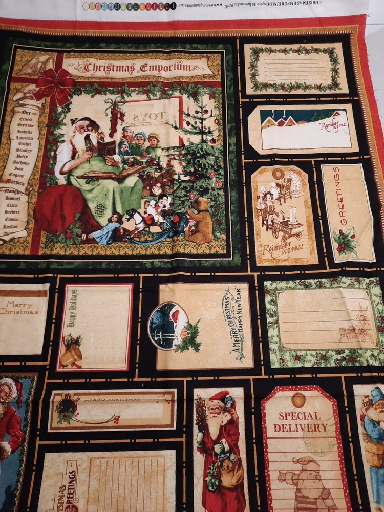 Wilmington Prints Christmas Emporium panel Santa Gift Tag Slow Stitch Crafts