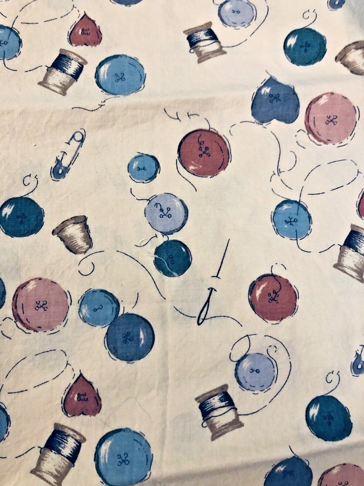VTG`90` Sewing Theme Quilt Fabric Buttons, Thimble, Needle & Thread BTFQ