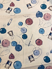 VTG`90` Sewing Theme Quilt Fabric Buttons, Thimble, Needle & Thread BTFQ