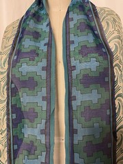 100% Silk Faille Geometric Motiff Border Teal Cream Dotted Pinwheel 6 Yards