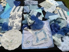 Fabric Scrap Bundle Blue Junk Journal Slow Stitch Lace Embroidery Sewing Vintage