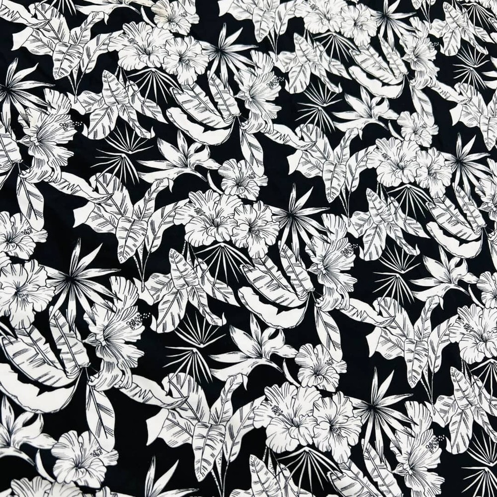Spandex Fabric 4 way Stretch White & Black Flowers Print by Yard for Swimwear