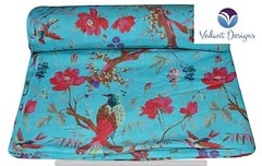 Indian Cotton Fabric 5 Yard Block Bird Loose Turquoise Running Craft