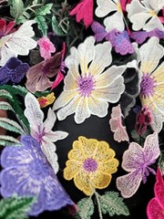 Multicolor Embroidery Pink Yellow 3d Floral Lace Fabric 50” W 1 Yard Black MESH