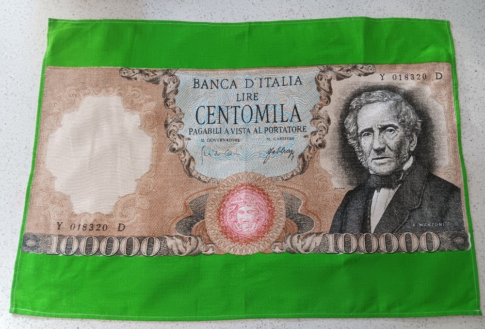 Large Italy bill fabric Banca D’Italia Lire Centomila A. Manzoni green