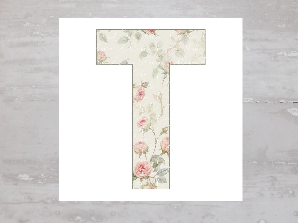 Shabby Cottagecore Roses Letter T Fabric Panel Craft Sewing Quilt Block A590