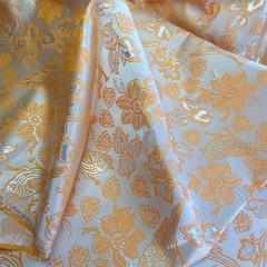 Metallic Brocade Fabric Tangerine Orange Bird Heart Floral 57″ Wide by the Yard