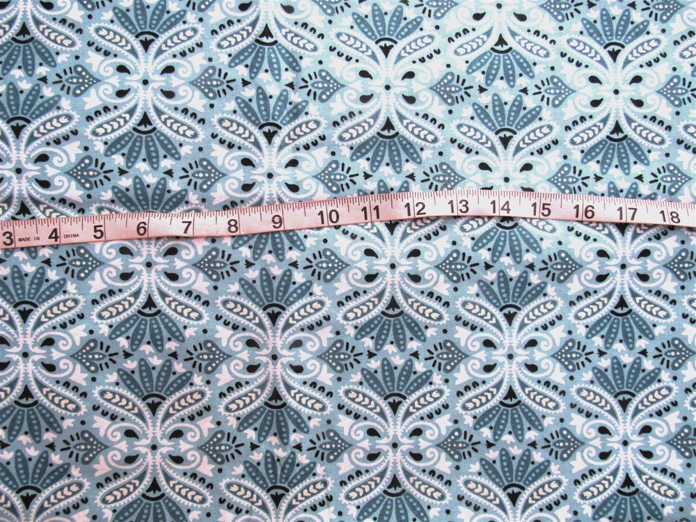 1 1/3 yd Cotton Fabric Flower Like Design In Blues, Off White & Black